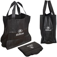 Two black customized folding totes. One bag is folded, one is open and both have a single print logo.