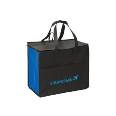 royal blue and black two handled cooler with blue logo 