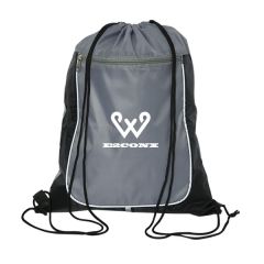 grey with black accents drawstring bag with white logo