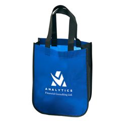 A custom logo recycled fashion tote. The bag is black and blue with white print on the front.