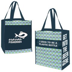 Two custom logo recycled jumbo totes with pre-printed patterns. Each bag has a white printed slogan.