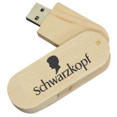 wooden USB swivel drive with black print