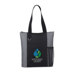 A custom tradeshow zipper tote that is black and grey. The front has a mesh bottle holder and a green, blue and grey logo.