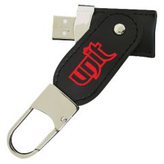 A promotional leather USB with a black leather body, silver clip and a red custom print logo.