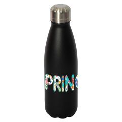 500mL black bottle with silver lid and a full colour logo