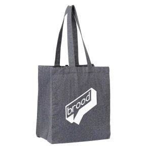 A custom cotton grocery tote made from recycled material. The front has a white printed logo.