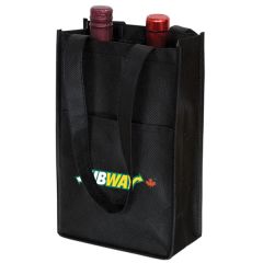 An angled view of a black non woven two bottle wine bag with two bottles inside and a full colour logo