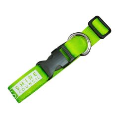Green custom dog collar with white print for pet-friendly promotional ideas in Canada.