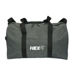 heathered grey 19 inch duffle with white logo showing front and back view