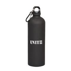750mL black matte finish bottle with black lid silver and black carabiner and a white logo