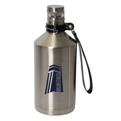 a silver growler with a blue logo