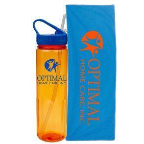 An orange 24oz drinking bottle with a blue lid and logo next to a blue cooling towel with an orange logo