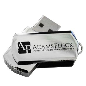 A custom USB metal mini swivel drive. The body is printed with a black logo on the front.