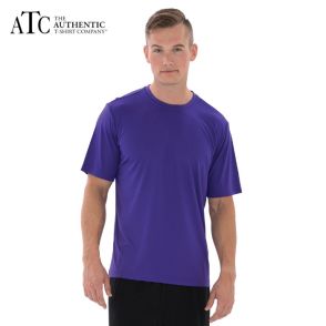 A purple short sleeve T-shirt being worn by a short haired man