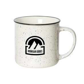 350mL white speckled mug with black rim and logo