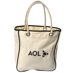 A custom branded rope tote bag made from cotton canvas. It has black trim and is printed with a printed black logo.