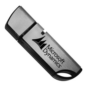 A custom printed USB tower drive. The body is silver with a black accent and a black print logo.