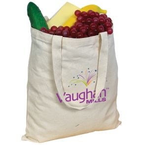 A custom branded sturdy cotton tote bag that is natural coloured. The bag is made from canvas and has a full colour logo.