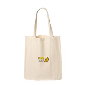 A natural colour custom logo cotton tote bag. There is a full colour logo on the front side.