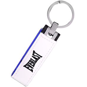 A white leather USB drive with a blue interior, a black logo and a metal split ring attachment.