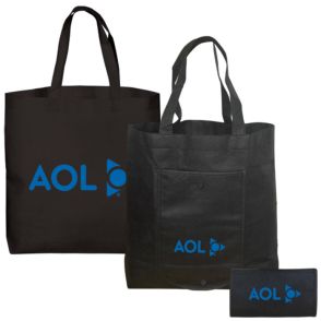 A custom logo folding non woven convention tote. The bag is black with blue print and shown in three different positions.