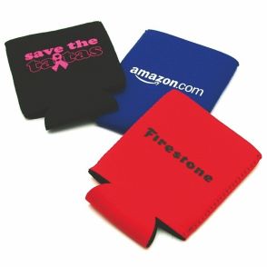 group of three neoprene collapsible can coolers in different colours with different coloured logos on each