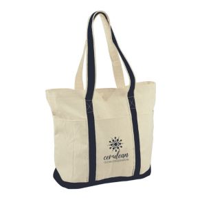 A custom logo heavy duty cotton tote bag with black accents and handles and a single colour print on the front.