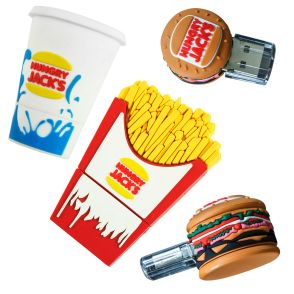 four fast food shaped coloured PVC USB drives with brand name on each