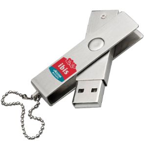 A metal swivel USB stick and attachment. The body has a red and blue logo on it.