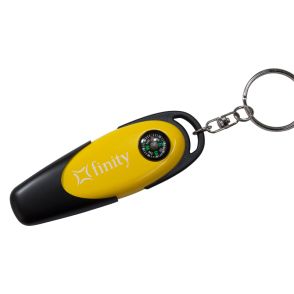 A customized USB drive with a built-in compass. The plastic body is black and yellow with a metal split ring and white print.