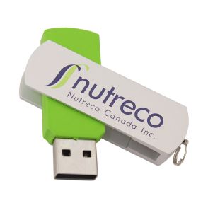 A custom printed advanced USB swivel drive with a green body, white swivel, and a purple and green logo.