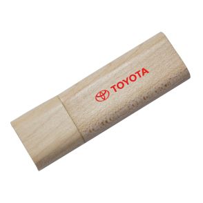 A branded eco-friendly wooden USB drive with the cap on. The body has red custom print on the front.