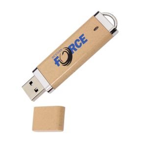 A custom logo USB drive made from eco-friendly high density paper. The body has a blue and black printed design.