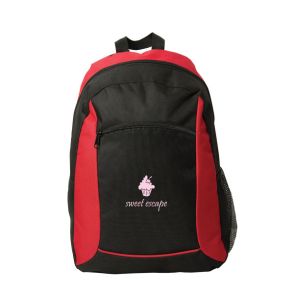 red and black backpack with light pink logo