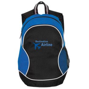 royal blue and black backpack with blue logo