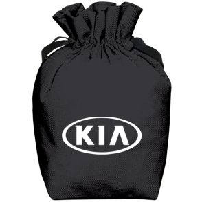 A black non woven drawstring pouch with a white logo