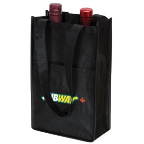 An angled view of a black non woven two bottle wine bag with two bottles inside and a full colour logo