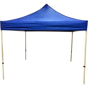 Blue, plain economy event tent with metal frame and a water-resistant polyester canopy.