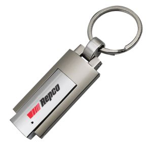 A customized metal USB swivel drive with a split ring attachment. The body is silver with a red and black logo.