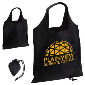 Black custom branded foldable, reusable bags made from RPET material. The logo on the open tote is yellow.