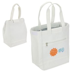 An RPET canvas lunch tote. The custom recycled lunch bag has an orange and blue logo. Behind it is the same bag, reversed.