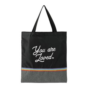 A custom logo recycled PET convention tote with a rainbow stripe. The bag is black and grey with a white logo.