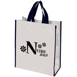 A custom logo recycled tote with a laminated exterior. The bag is white with black trim, handles and print.