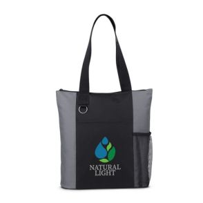 A custom tradeshow zipper tote that is black and grey. The front has a mesh bottle holder and a green, blue and grey logo.