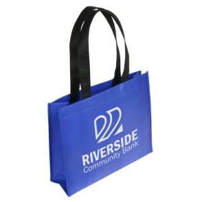 A small custom branded gift tote made from water-resistant material. The bag is blue with a black handle and white print.