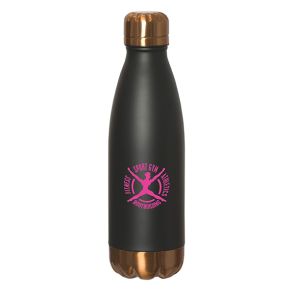 500mL black bottle with copper accent and lid and a pink logo